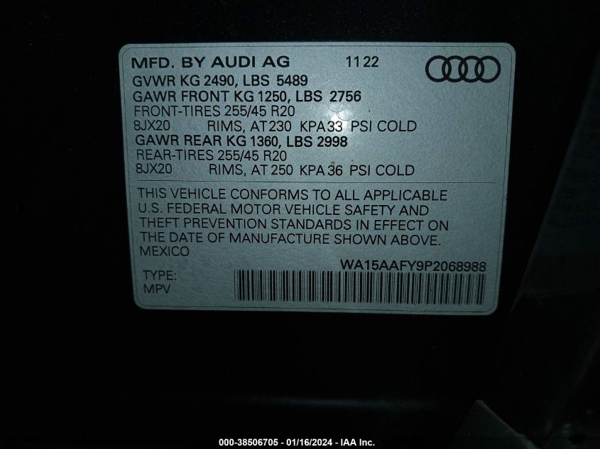 2023 Audi Q5 Sportback Premium Plus 45 Tfsi S Line Quattro S Tronic VIN: WA15AAFY9P2068988 Lot: 38506705