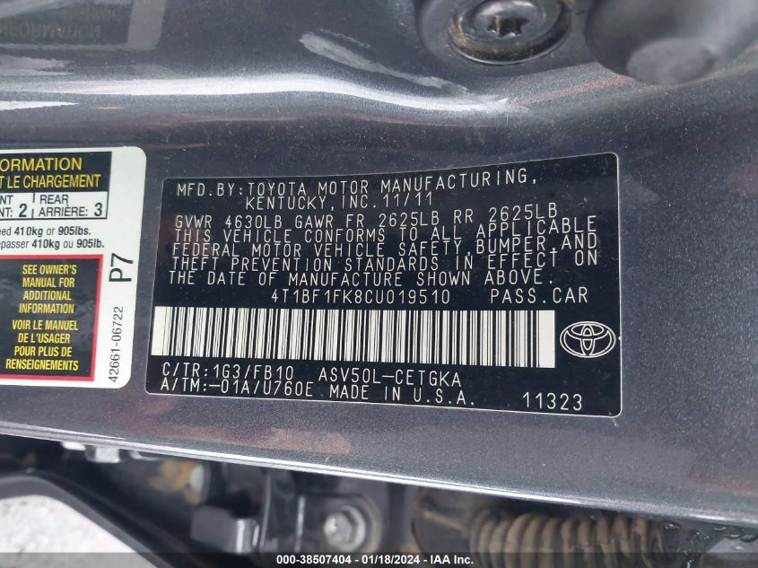 4T1BF1FK8CU019510 2012 Toyota Camry Xle