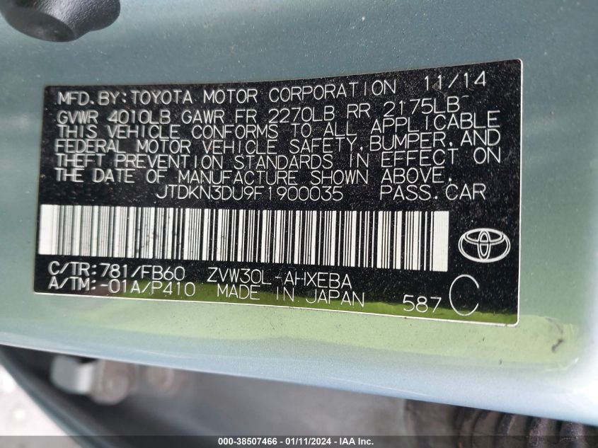 2015 Toyota Prius Two VIN: JTDKN3DU9F1900035 Lot: 39400102