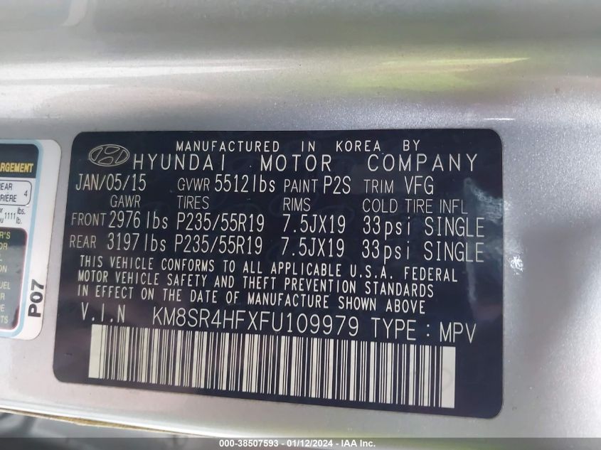 2015 Hyundai Santa Fe Limited VIN: KM8SR4HFXFU109979 Lot: 38507593