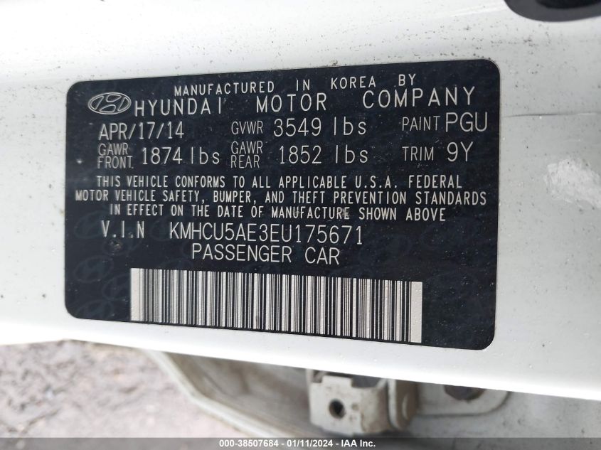 2014 Hyundai Accent Se VIN: KMHCU5AE3EU175671 Lot: 38507684