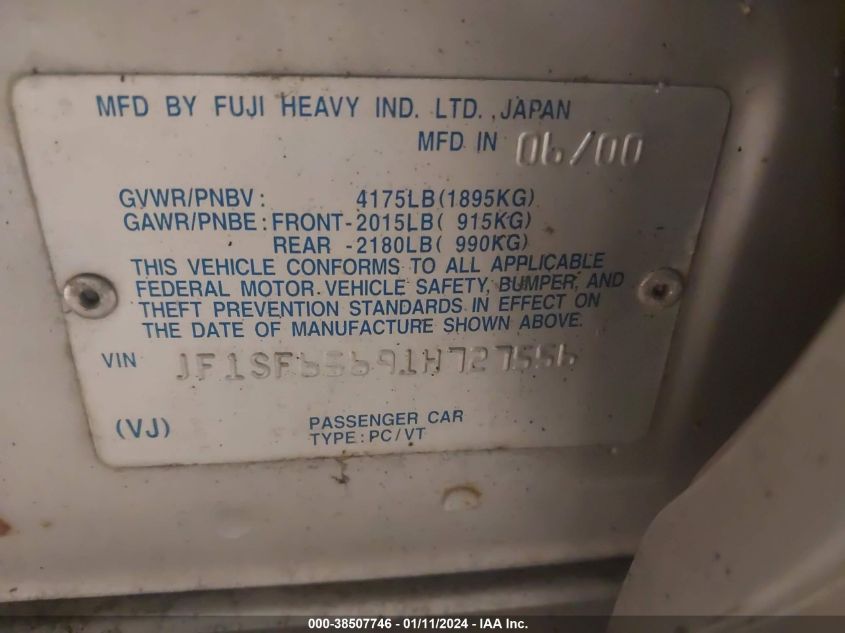 2001 Subaru Forester S W/Premium Pkg VIN: JF1SF65691H727556 Lot: 38507746