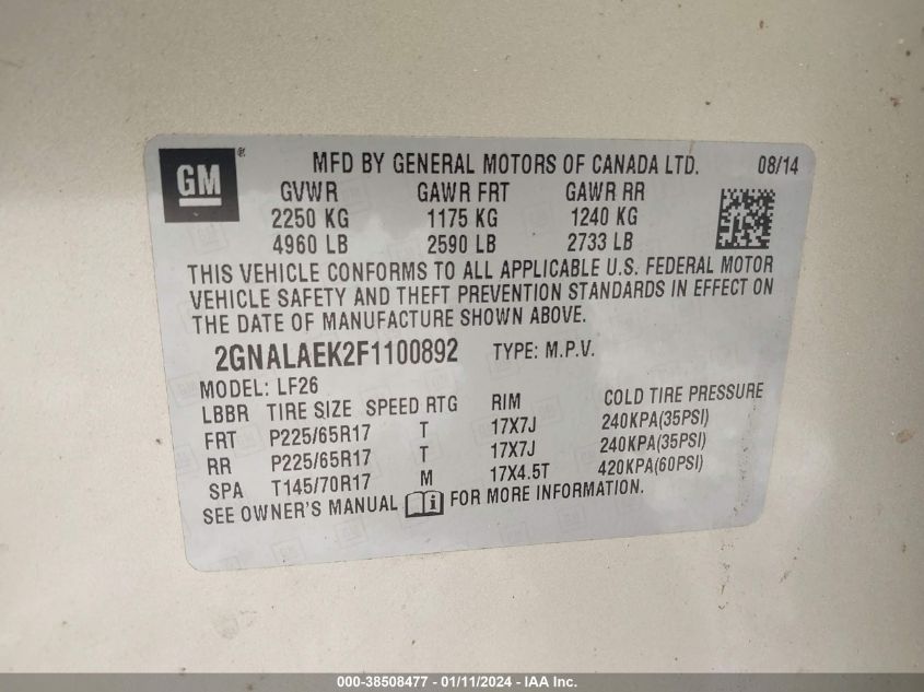 2GNALAEK2F1100892 2015 Chevrolet Equinox Ls