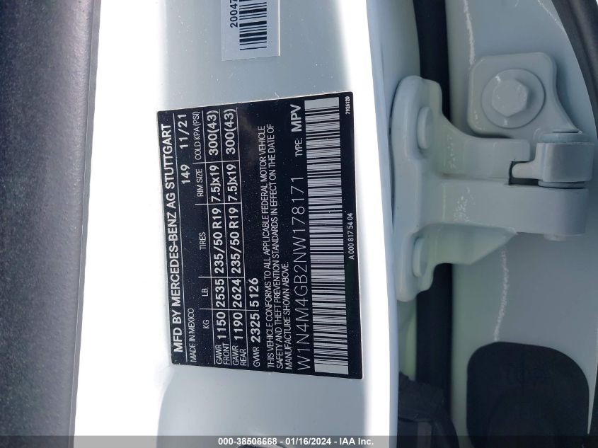 2022 Mercedes-Benz Glb 250 VIN: W1N4M4GB2NW178171 Lot: 38508668