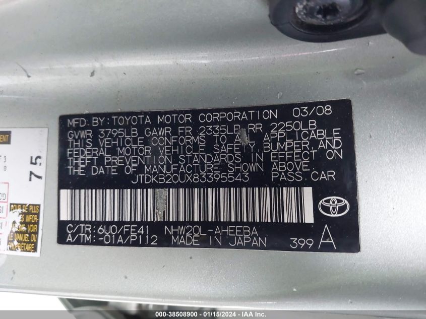 JTDKB20UX83395543 2008 Toyota Prius