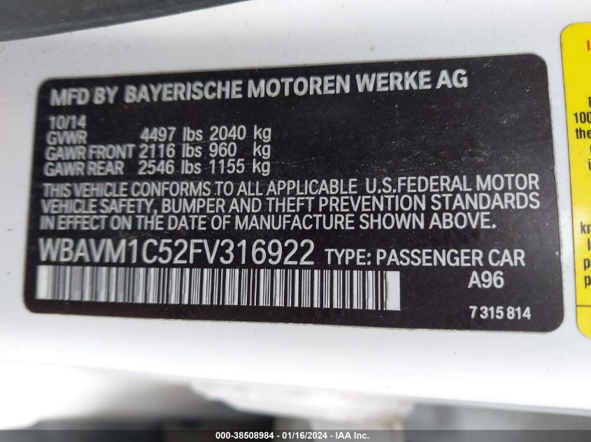 WBAVM1C52FV316922 2015 BMW X1 Sdrive28I