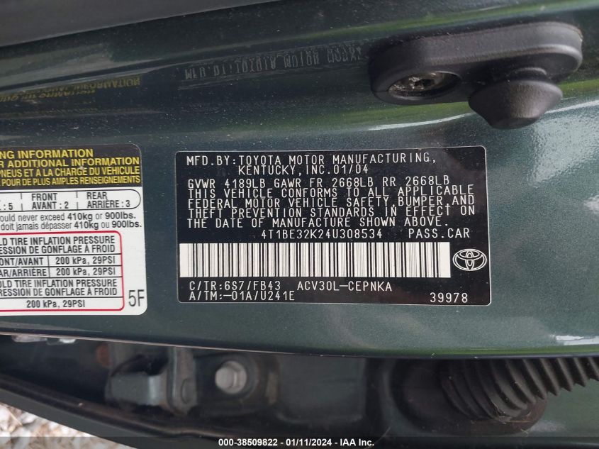 4T1BE32K24U308534 2004 Toyota Camry Le