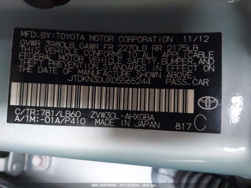 2013 Toyota Prius Four VIN: JTDKN3DUXD5565244 Lot: 38510005