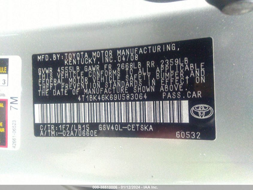 4T1BK46K69U583064 2009 Toyota Camry Se V6