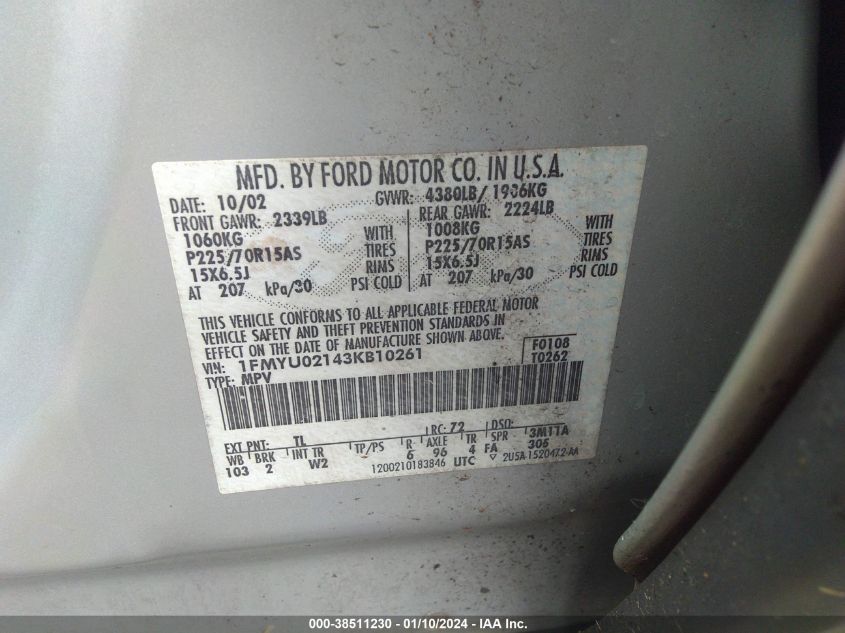 1FMYU02143KB10261 2003 Ford Escape Xls