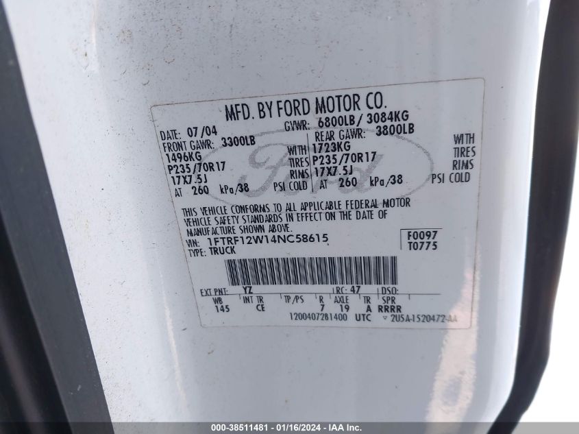 1FTRF12W14NC58615 2004 Ford F-150 Stx/Xl/Xlt