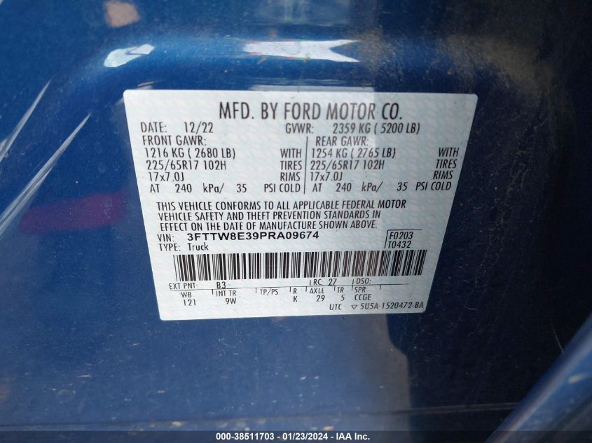 2023 Ford Maverick Xl VIN: 3FTTW8E39PRA09674 Lot: 38511703