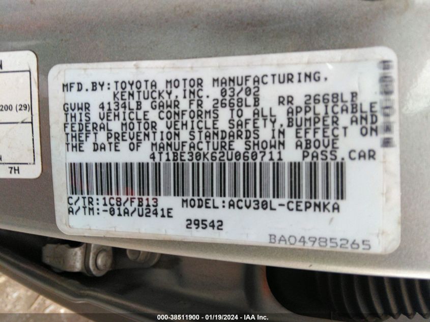 4T1BE30K62U060711 2002 Toyota Camry Le