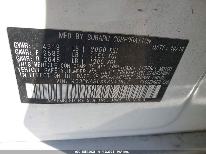 4S3BNAB6XK3012823 2019 Subaru Legacy 2.5I