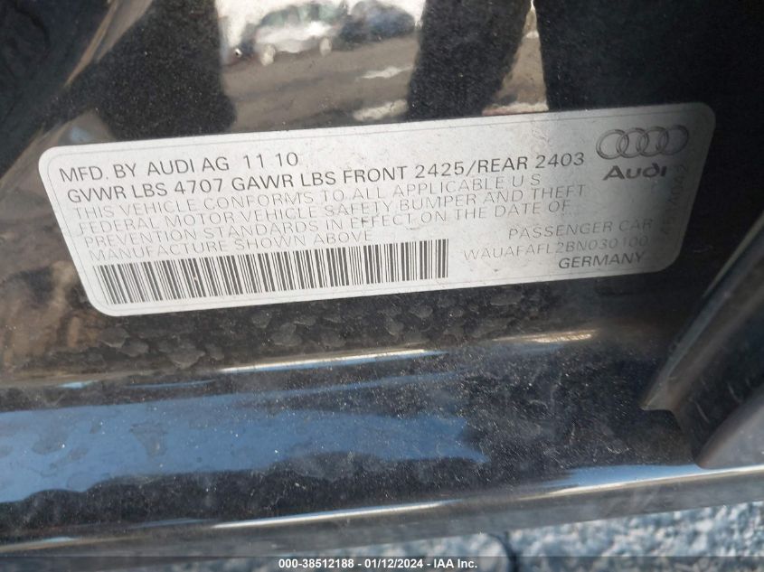 2011 Audi A4 2.0T Premium VIN: WAUAFAFL2BN030100 Lot: 38512188