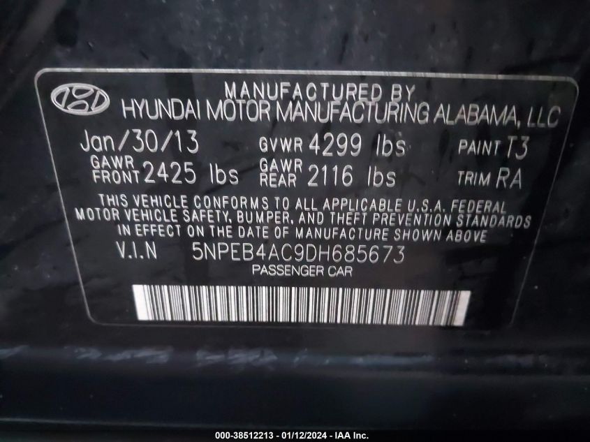 5NPEB4AC9DH685673 2013 Hyundai Sonata Gls