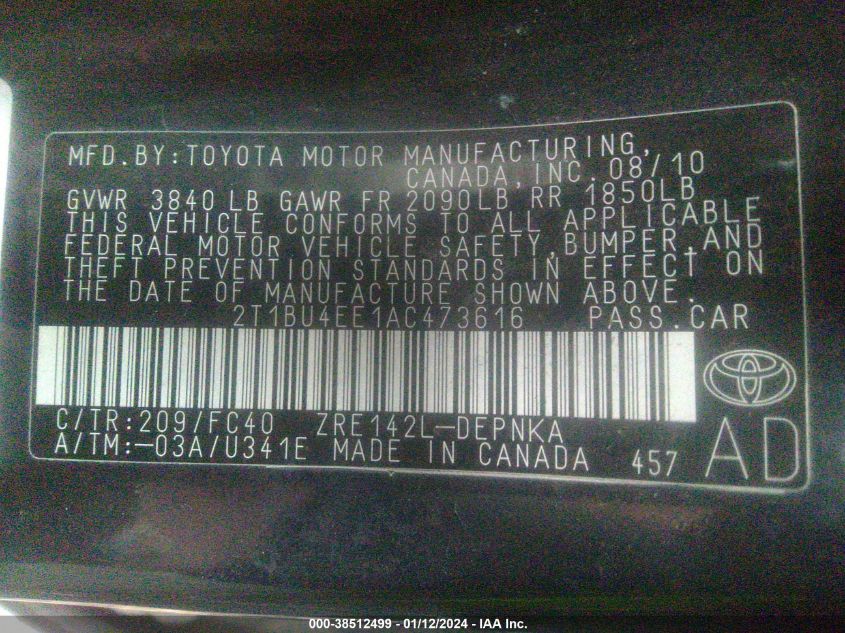 2T1BU4EE1AC473616 2010 Toyota Corolla Xle