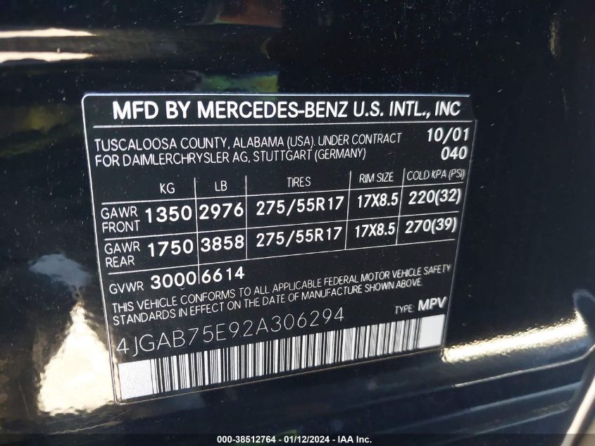 4JGAB75E92A306294 2002 Mercedes-Benz Ml 500