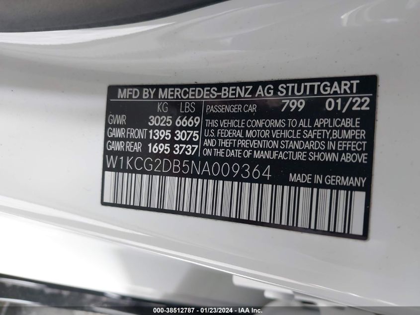 2022 Mercedes-Benz Eqs 450 VIN: W1KCG2DB5NA009364 Lot: 38512787