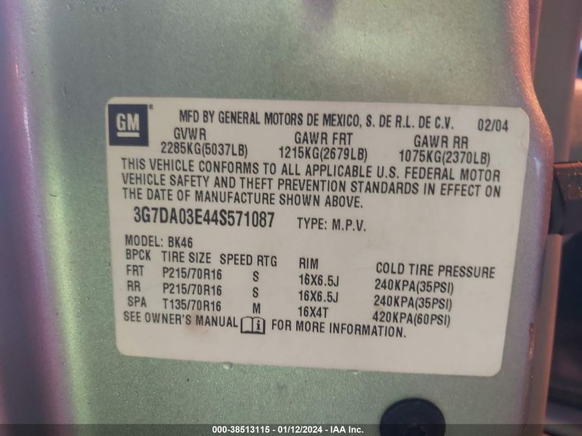 3G7DA03E44S571087 2004 Pontiac Aztek