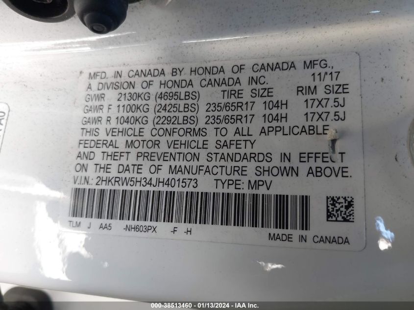 2HKRW5H34JH401573 2018 Honda Cr-V Lx