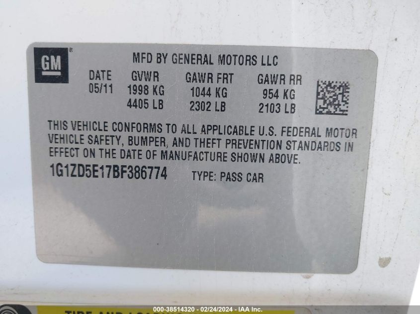 2011 Chevrolet Malibu 2Lt VIN: 1G1ZD5E17BF386774 Lot: 38514320