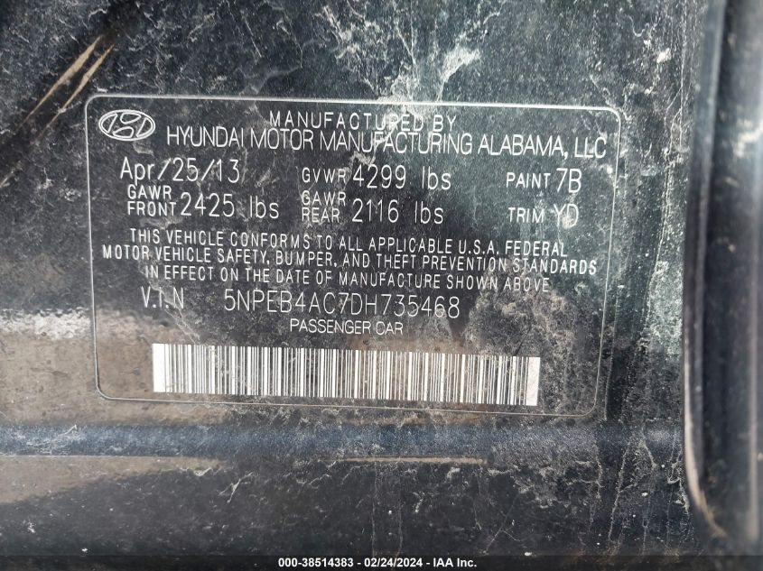 5NPEB4AC7DH735468 2013 Hyundai Sonata Gls