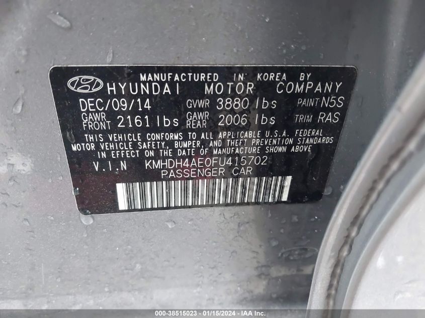 2015 Hyundai Elantra Limited (Ulsan Plant) VIN: KMHDH4AE0FU415702 Lot: 38515023