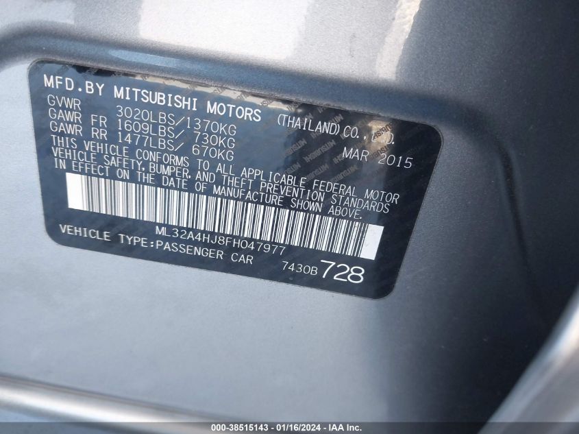 2015 Mitsubishi Mirage Es VIN: ML32A4HJ8FH047977 Lot: 38515143