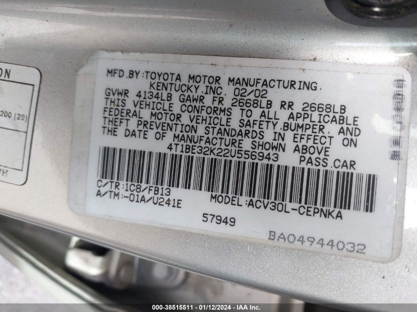 4T1BE32K22U556943 2002 Toyota Camry Le