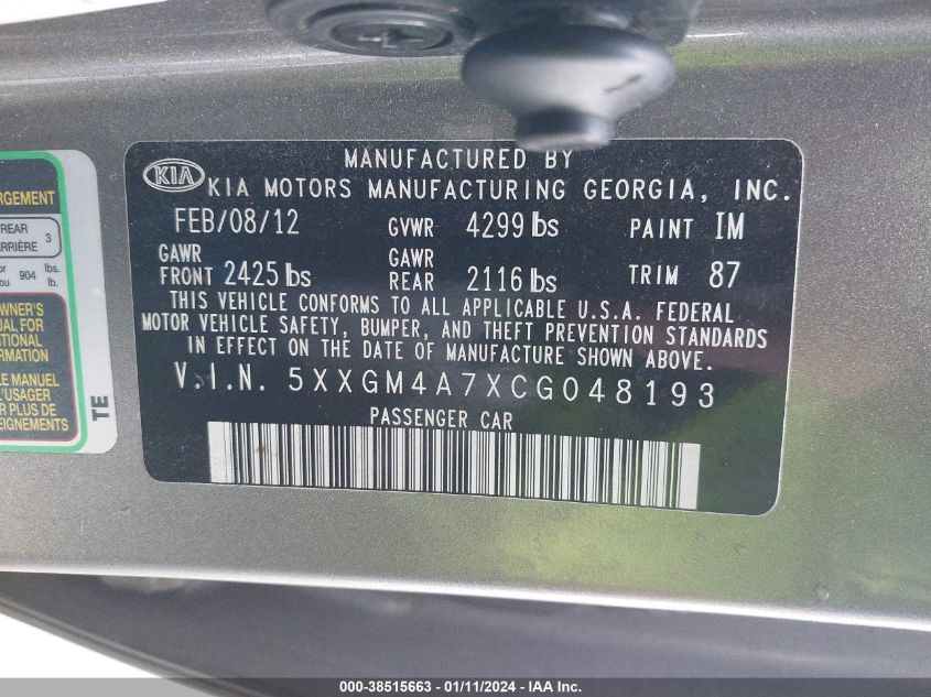 2012 Kia Optima Lx VIN: 5XXGM4A7XCG048193 Lot: 38515663