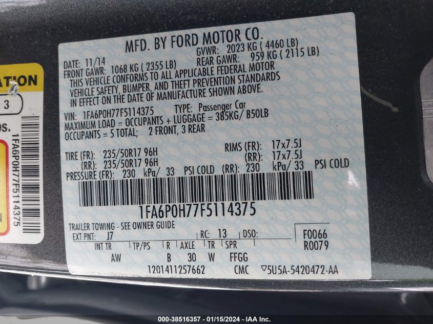 1FA6P0H77F5114375 2015 Ford Fusion Se