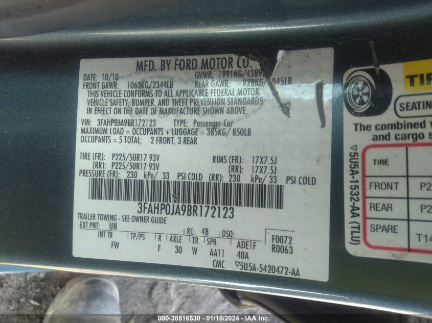 3FAHP0JA9BR172123 2011 Ford Fusion Sel