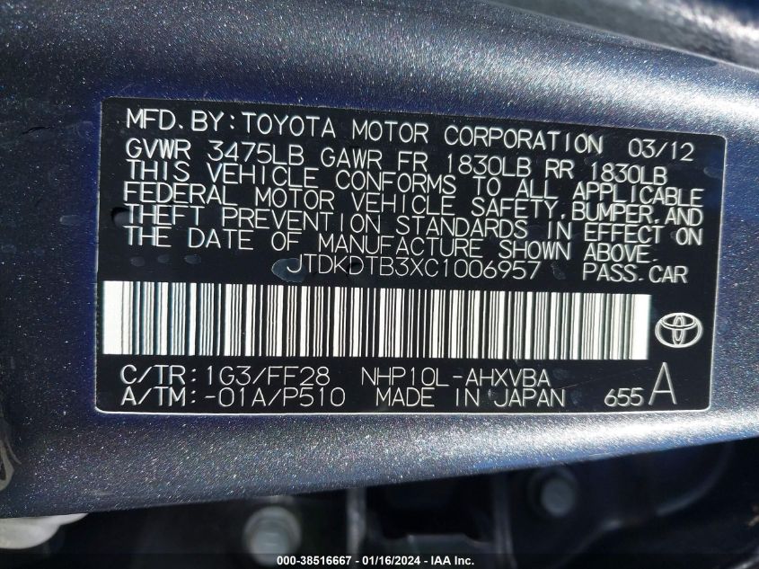 2012 Toyota Prius C Two VIN: JTDKDTB3XC1006957 Lot: 38516667