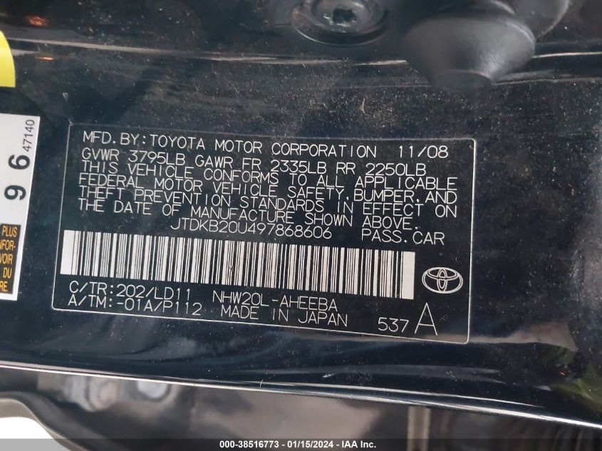 2009 Toyota Prius Touring VIN: JTDKB20U497868606 Lot: 38516773