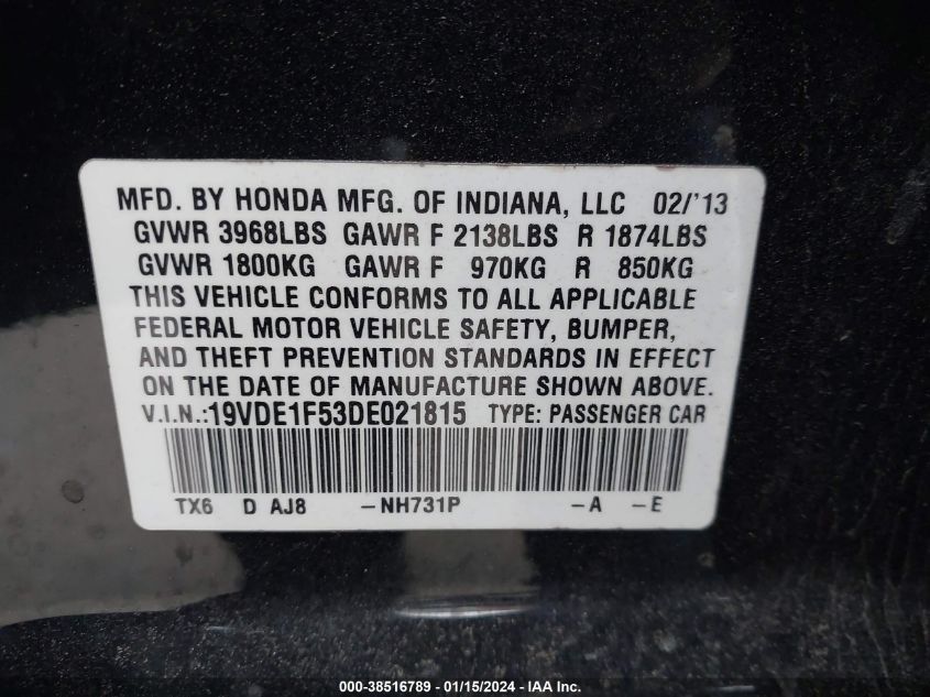 19VDE1F53DE021815 2013 Acura Ilx 2.0L