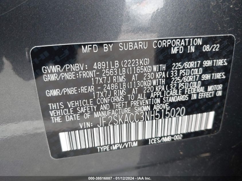 2022 Subaru Forester VIN: JF2SKACC3NH515020 Lot: 38516887