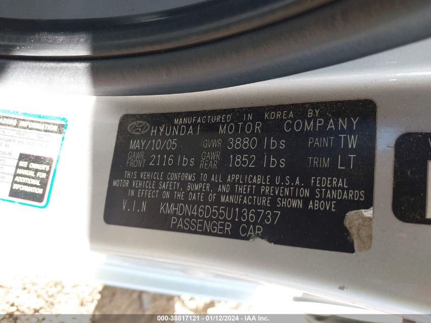 KMHDN46D55U136737 2005 Hyundai Elantra Gls/Gt