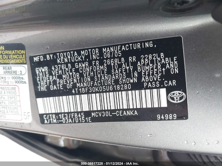 4T1BF30K05U618280 2005 Toyota Camry Le V6