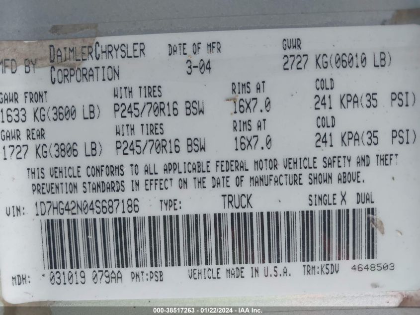 2004 Dodge Dakota Slt VIN: 1D7HG42N04S687186 Lot: 38517263