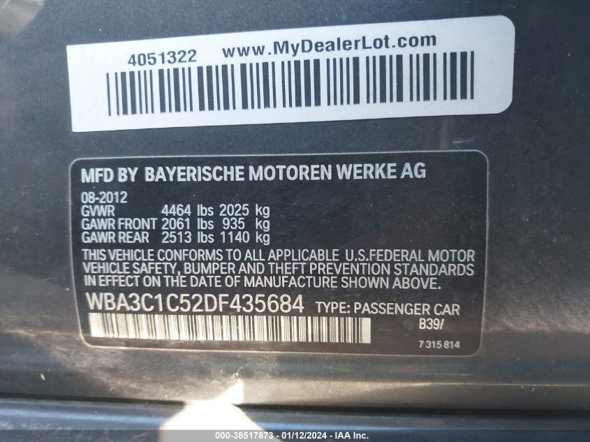 2013 BMW 328I VIN: WBA3C1C52DF435684 Lot: 38517873