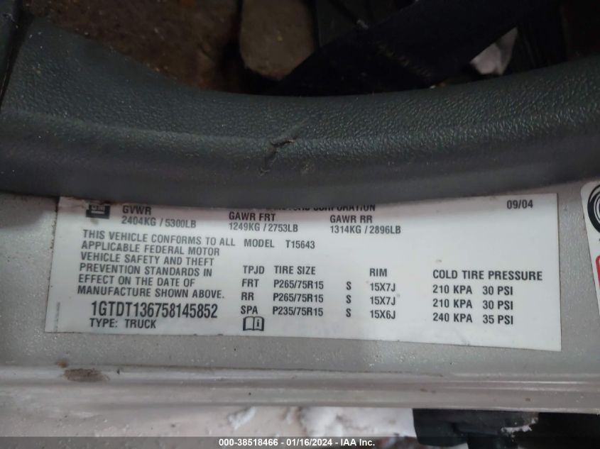 2005 GMC Canyon Sle VIN: 1GTDT136758145852 Lot: 38518466