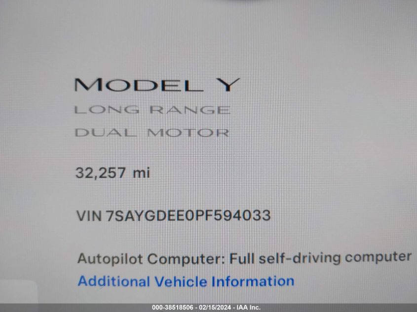 2023 Tesla Model Y Awd/Long Range Dual Motor All-Wheel Drive VIN: 7SAYGDEE0PF594033 Lot: 38518506