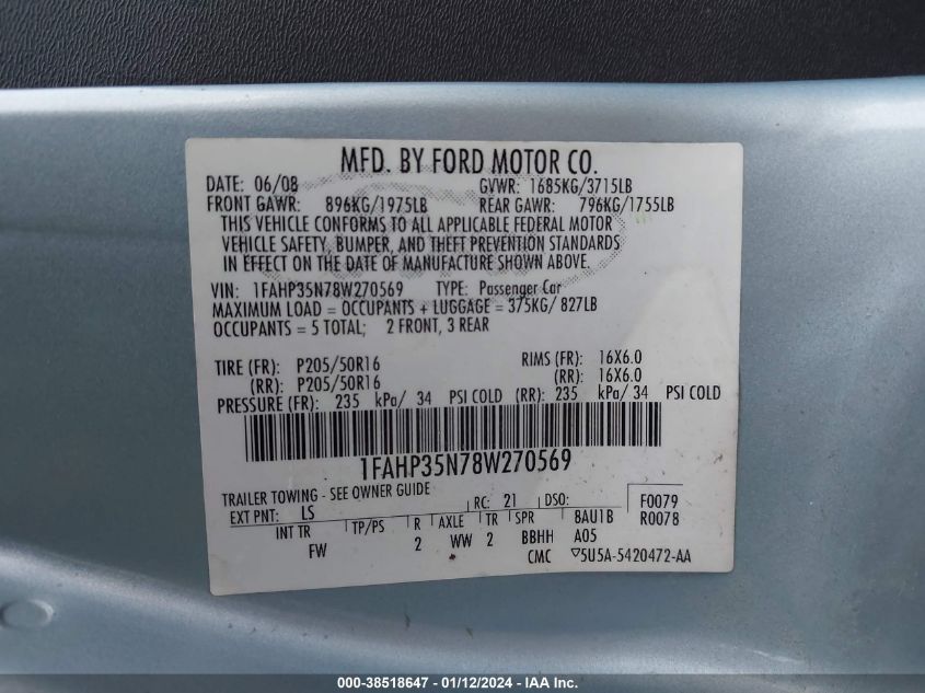 1FAHP35N78W270569 2008 Ford Focus Se/Ses