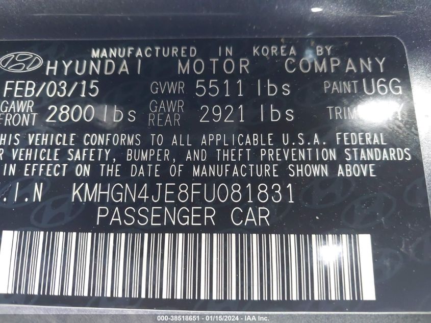 KMHGN4JE8FU081831 2015 Hyundai Genesis 3.8