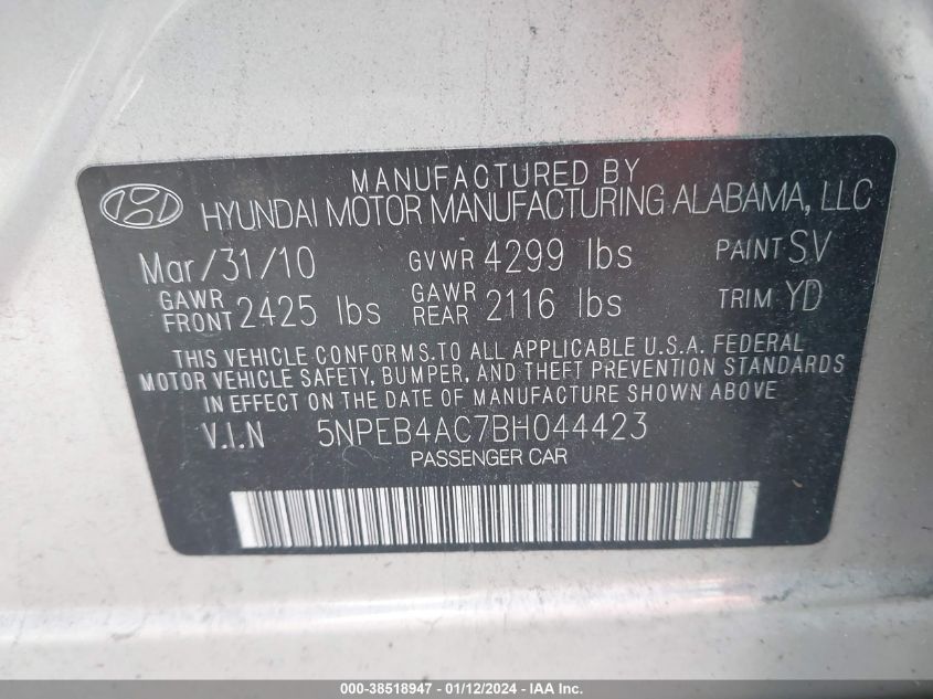 2011 Hyundai Sonata Gls VIN: 5NPEB4AC7BH044423 Lot: 38518947