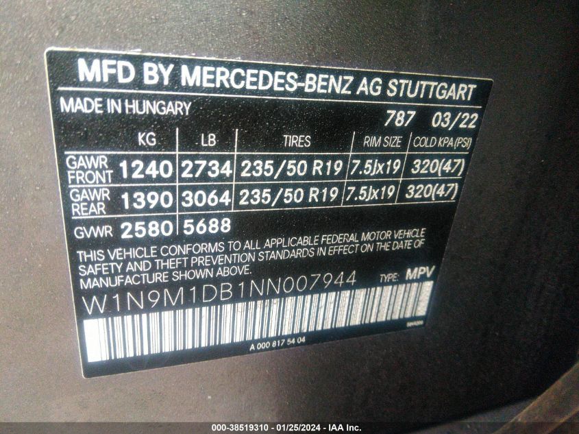 2022 Mercedes-Benz Eqb 350 Suv 4Matic VIN: W1N9M1DB1NN007944 Lot: 38519310