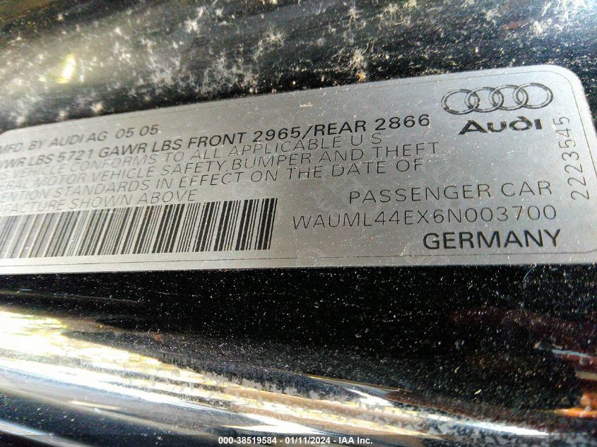 2006 Audi A8 L 4.2 VIN: WAUML44EX6N003700 Lot: 40361883