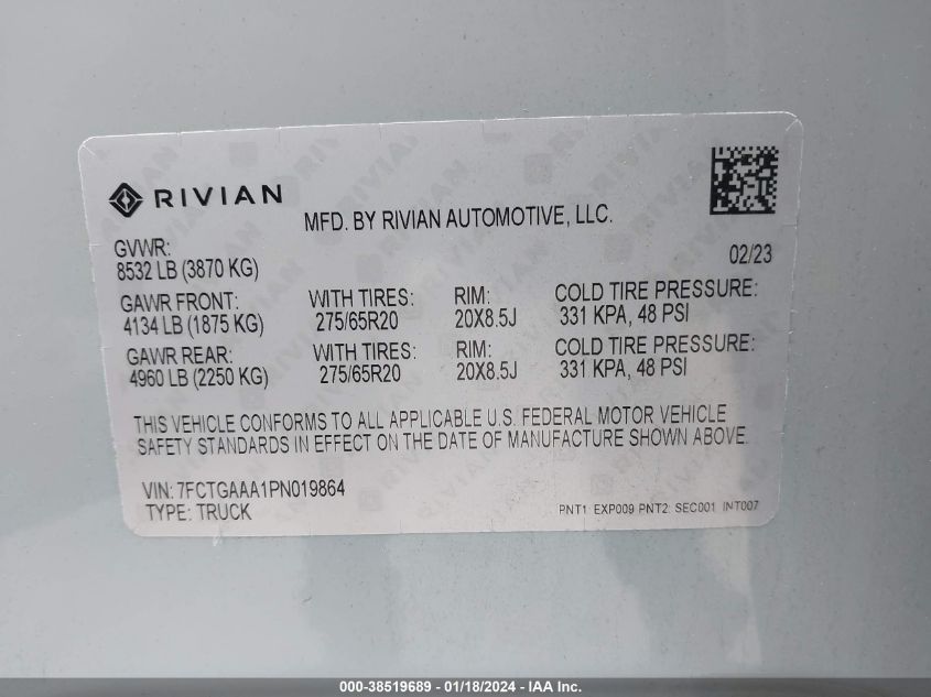 7FCTGAAA1PN019864 2023 Rivian R1T Adventure