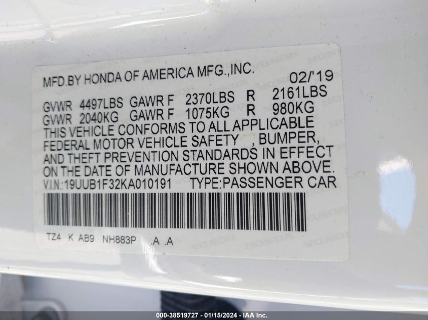 19UUB1F32KA010191 2019 Acura Tlx Standard